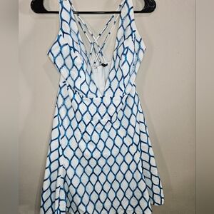 NBD Revolve Blue & White Mini Dress Strappy Criss Cross Back Size